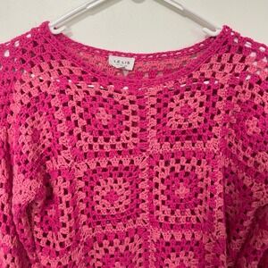 Le Lis Pink Granny Square Crochet Cropped Sweater Boho Long Sleeve Top Small